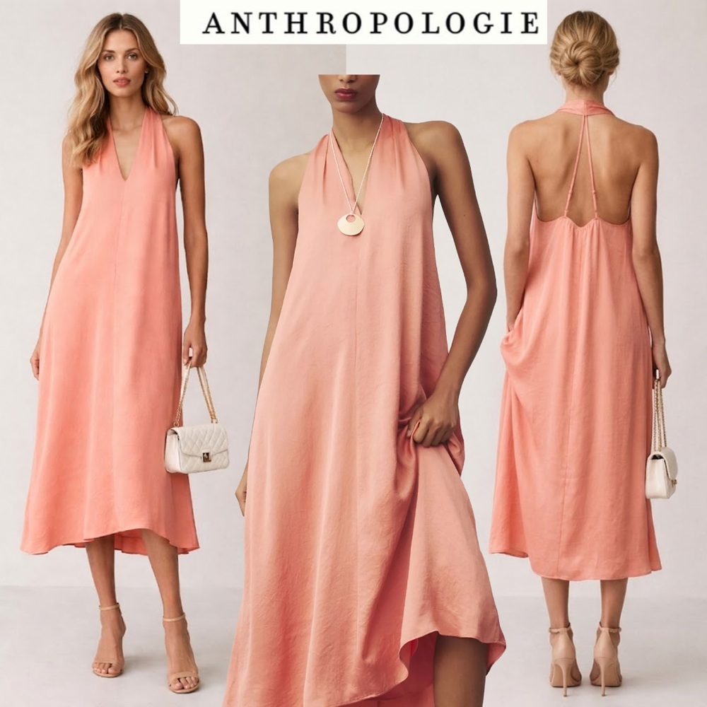 Anthropologie Coral Halter Midi Dress Satin Silky Bridesmaid Wedding Romantic S